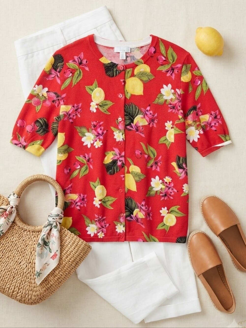 CJ Banks Red Lemon Cherry Floral Short Sleeve Button Front Cardigan